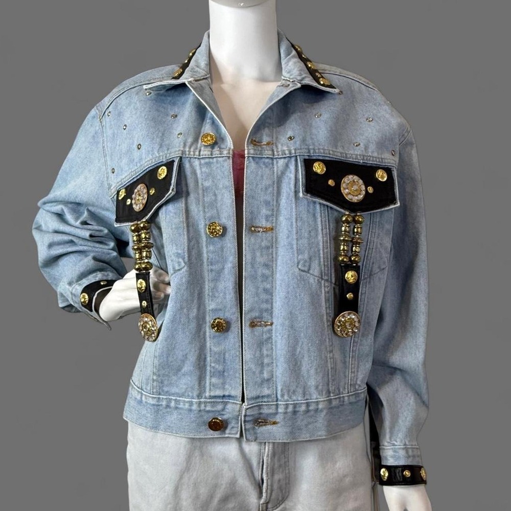 NWT Vintage 90s Robin Berry Rhinestone Denim Jacket Gold Studded M